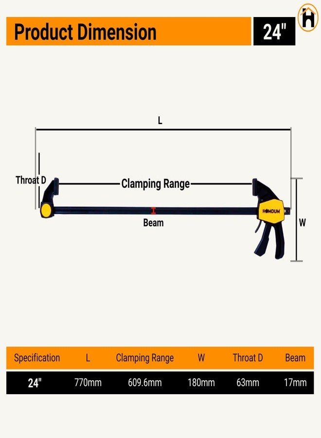 Homdum 24 inch Quick Grip Bar Clamp | One-Handed F-Type Ratchet | 600 x 65mm | Clamp Coupler for Larger Projects | Nylon Handle & Rubber Grip | Quick Bar Converter for Woodworking Pack of 2Pc - Image 5